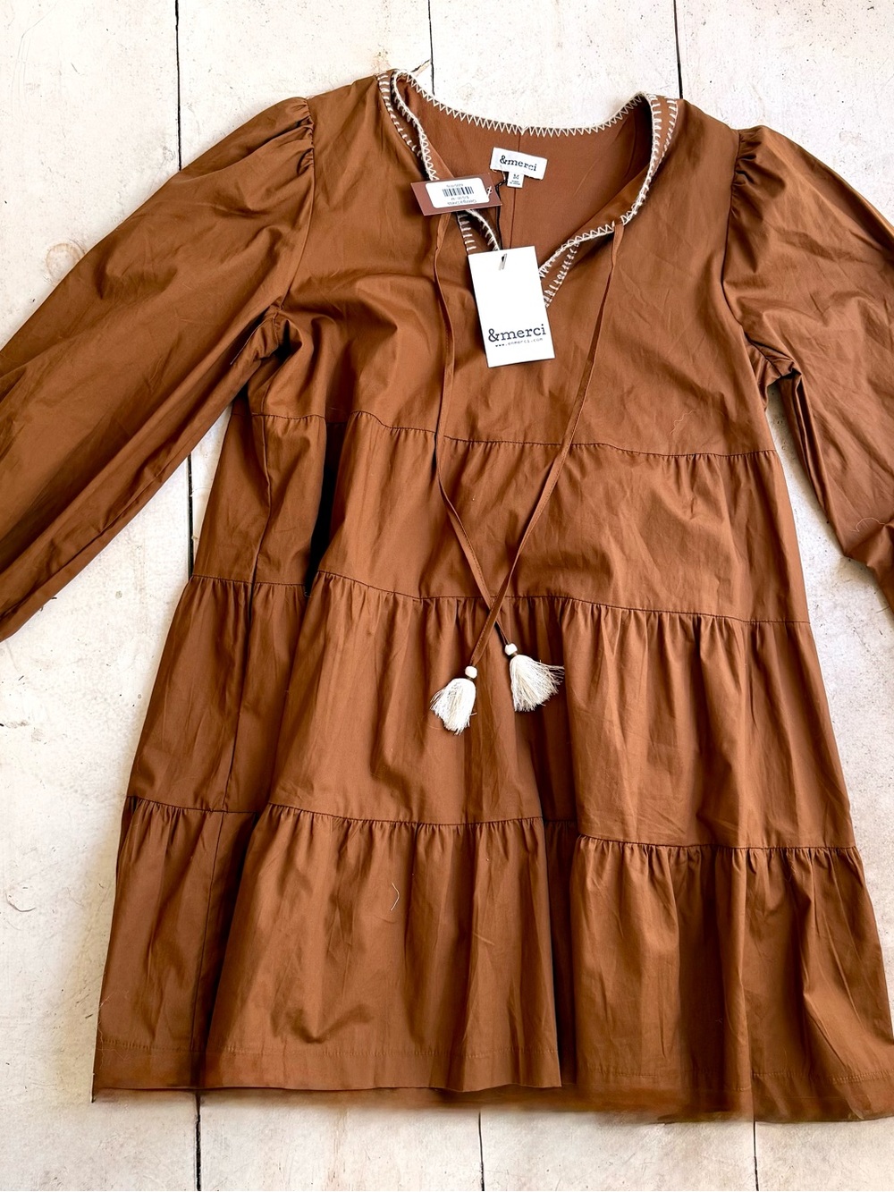 Brown Tiered Long-Sleeve mini tunic' Dress with Tassel Tie - Picture 1 of 5